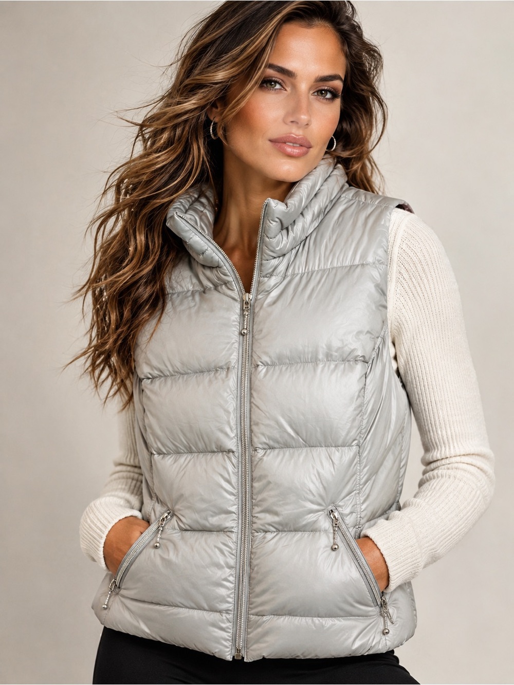 Coatology New York Silver Gray 95% Down Puffer Vest Size S High Collar